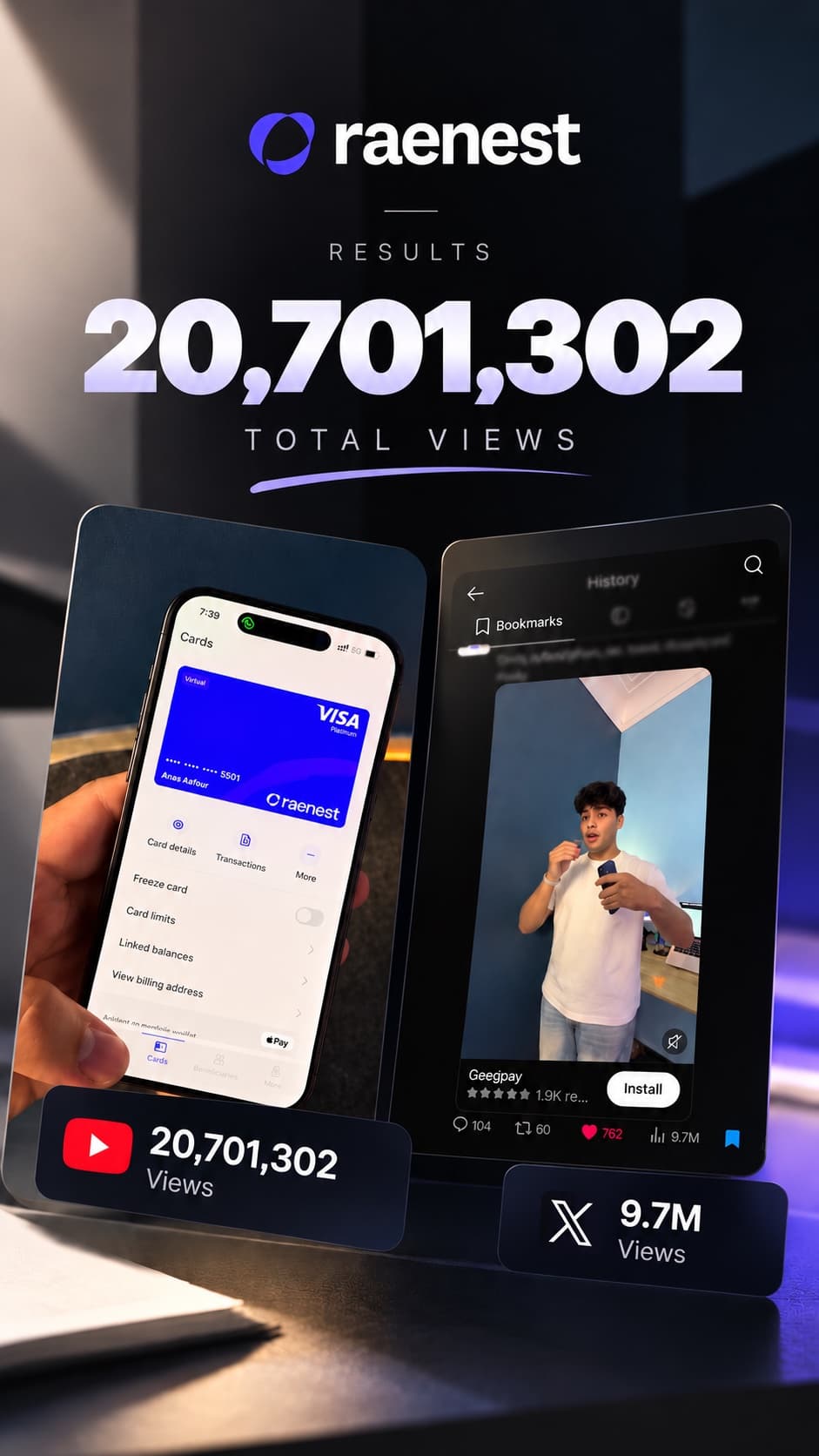 Raenest campaign results graphic showing the Raenest app and a campaign video